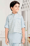 Sky Blue Full Sleeves Kurta With Embroidered Waist Coat Set For Boys