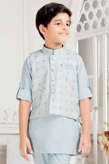 Sky Blue Full Sleeves Kurta With Embroidered Waist Coat Set For Boys