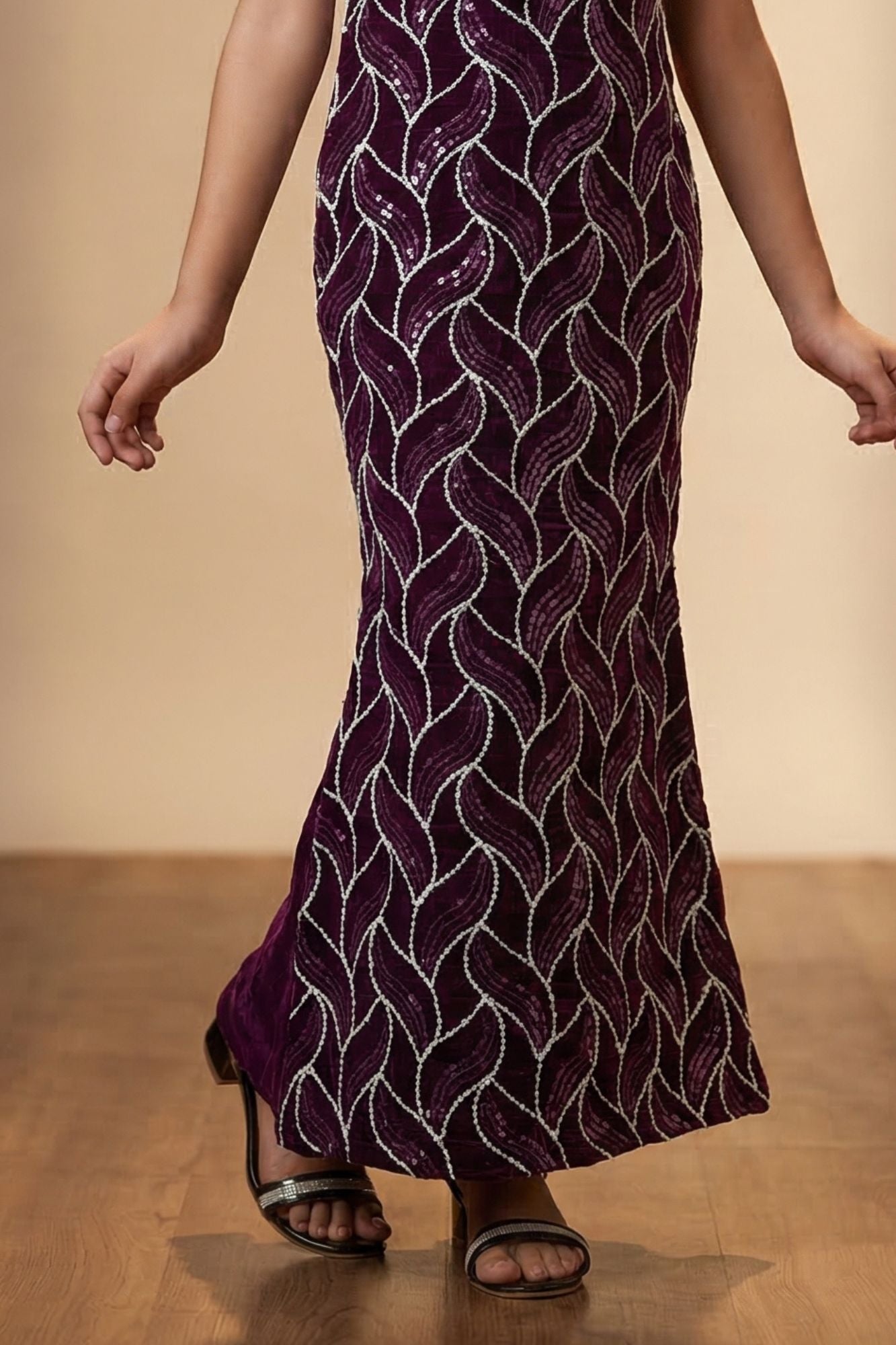 Wine and Silver Leaf Sequin Party Wear Gown With 3D Bow Appliqué For Girls