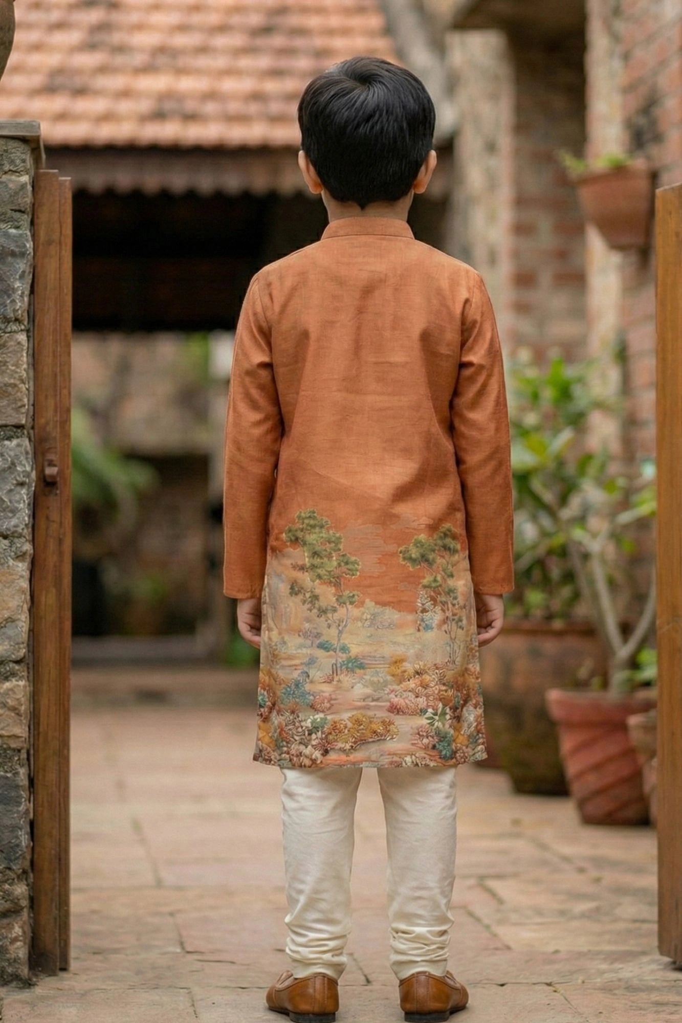 Orange Scenic Print Kurta With Cream Pajama Set For Boys