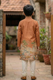 Orange Scenic Print Kurta with Cream Pajama Set For Boys