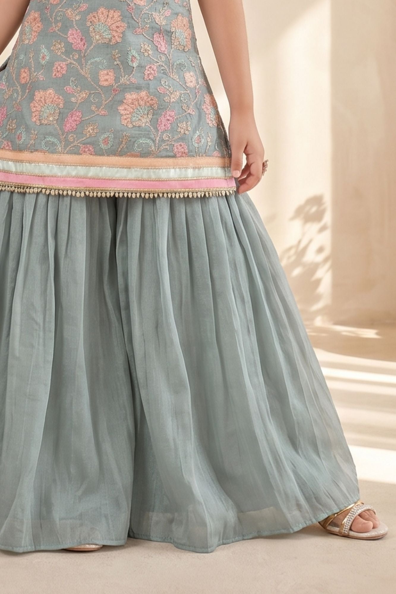 Powder Blue Floral Embroidered Palazzo Set For Girls