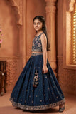 Girls Navy Blue Embroidered Lehenga Choli Set with Net Dupatta