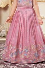 Pink Embroidered Lehenga Choli Set with Floral Thread Work For Girls
