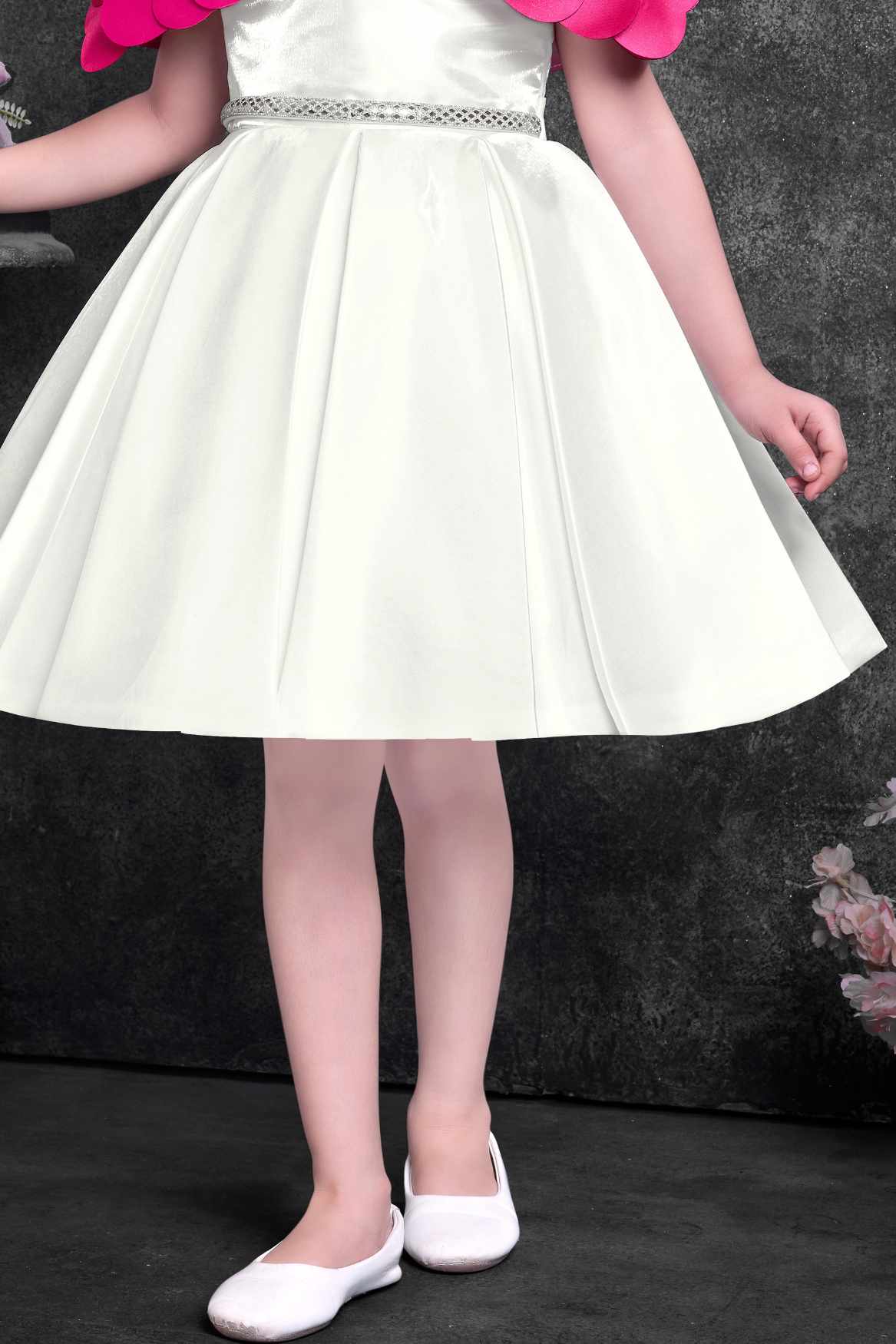 Off-White Party Wear Frock with Pink Bow Appliqué And Flared Skirt For Girls