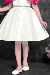 Off-White Party Wear Frock with Pink Bow Appliqué And Flared Skirt For Girls