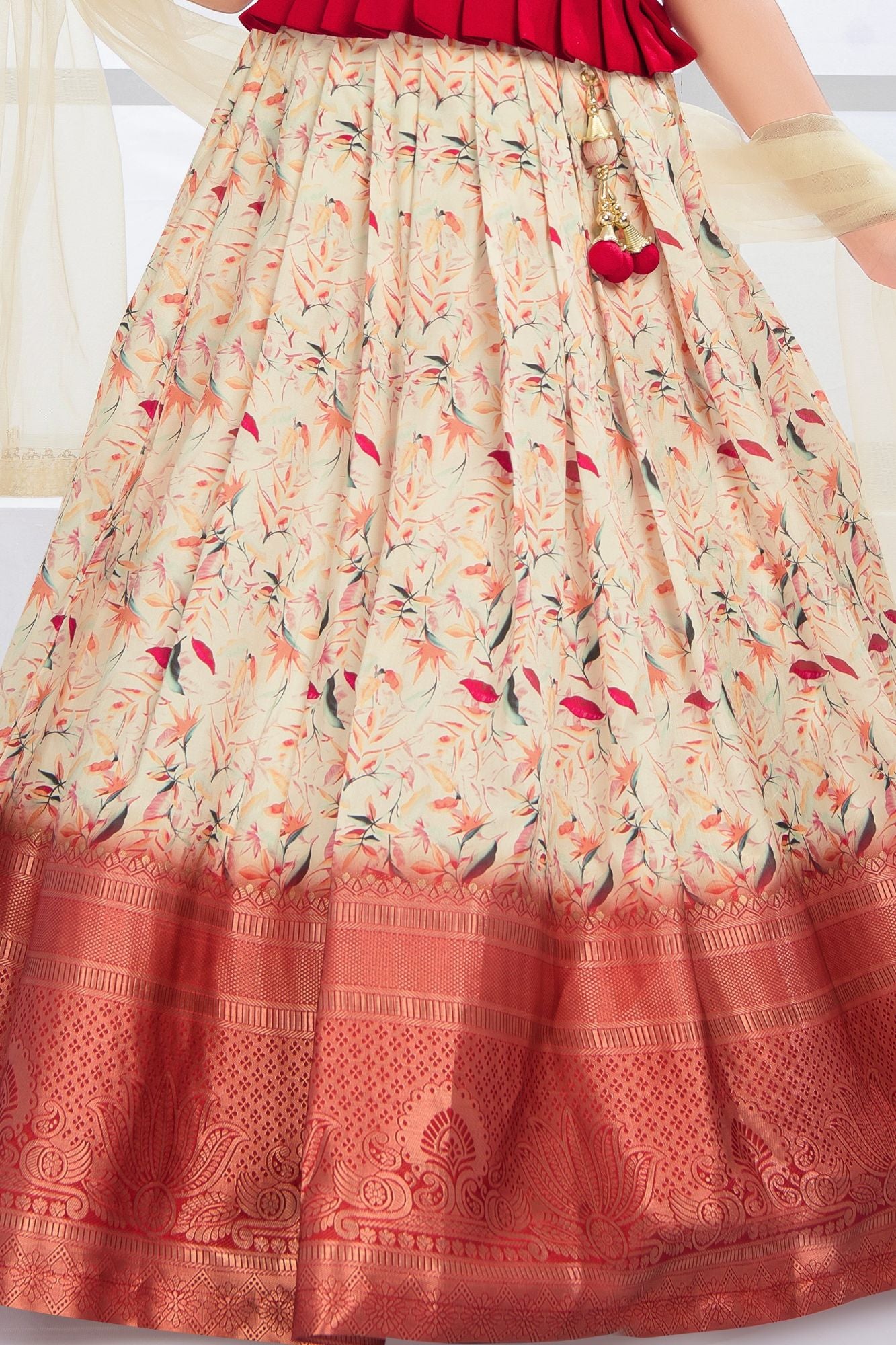 Girls Red Pattu Pavadai Set with Beige Floral Skirt With Zari Border