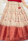Girls Red Pattu Pavadai Set with Beige Floral Skirt With Zari Border