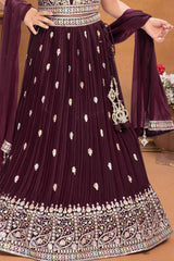 Wine Sequins Work And Embroidered Lehenga Choli For Girls