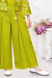 Green Embroidered Wide Legged Pant Set With Jacket For Girls