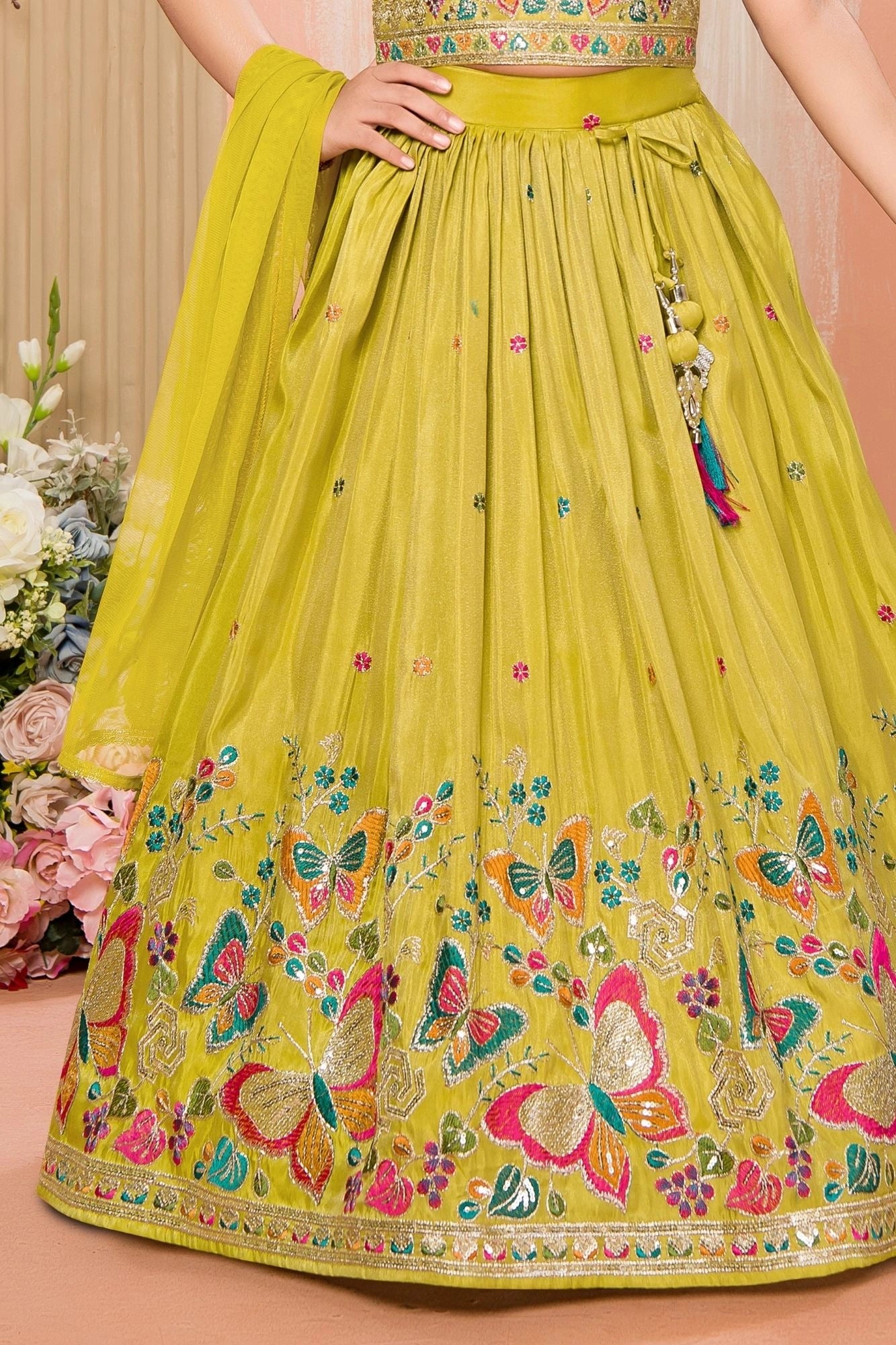 Yellow Multi-Color Butterfly Sequins Embroidered Lehenga Choli Set for Girls