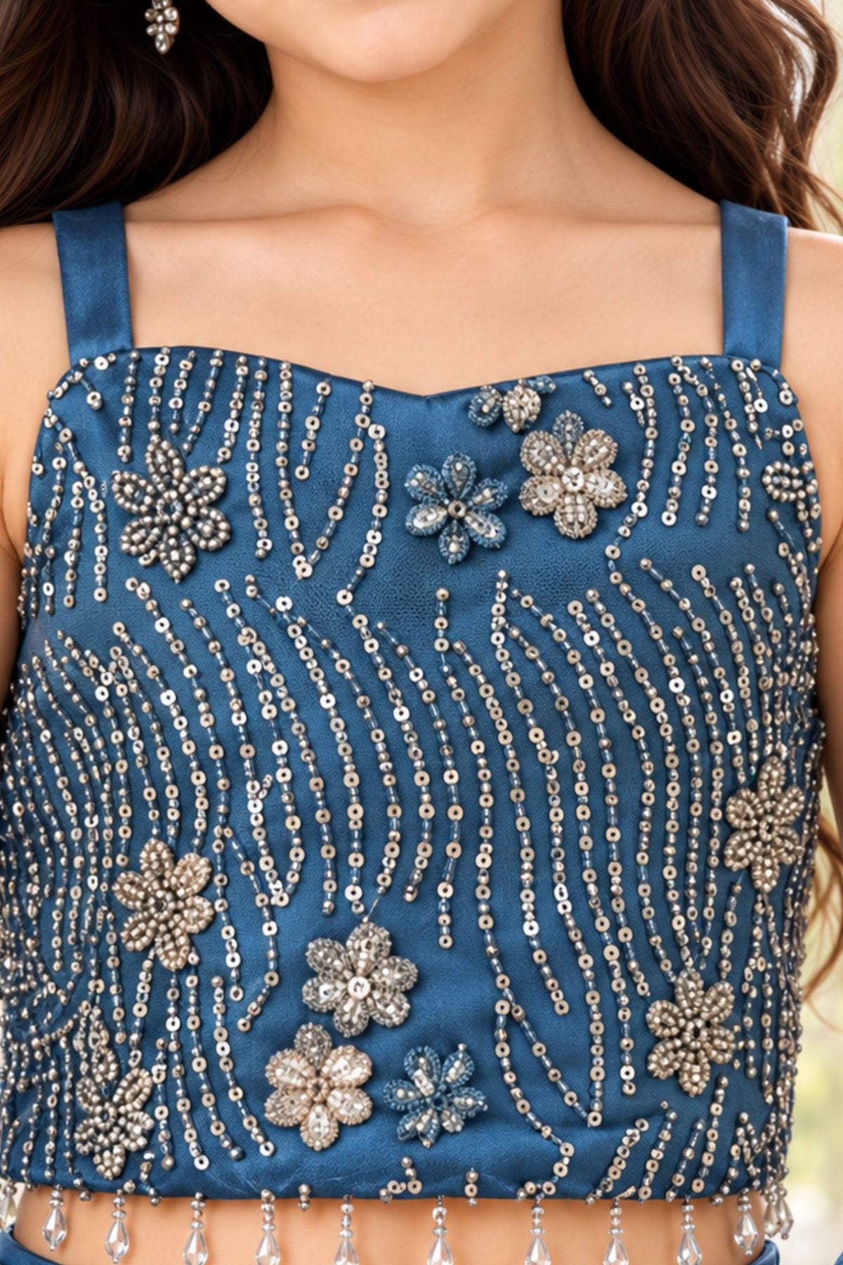 Blue Sequin Embellished Mermaid Lehenga Set For Girls