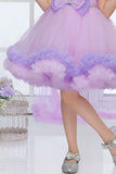 Lavender Layered High-Low Tulle Party Frock with Shoulder Pleats For Girls