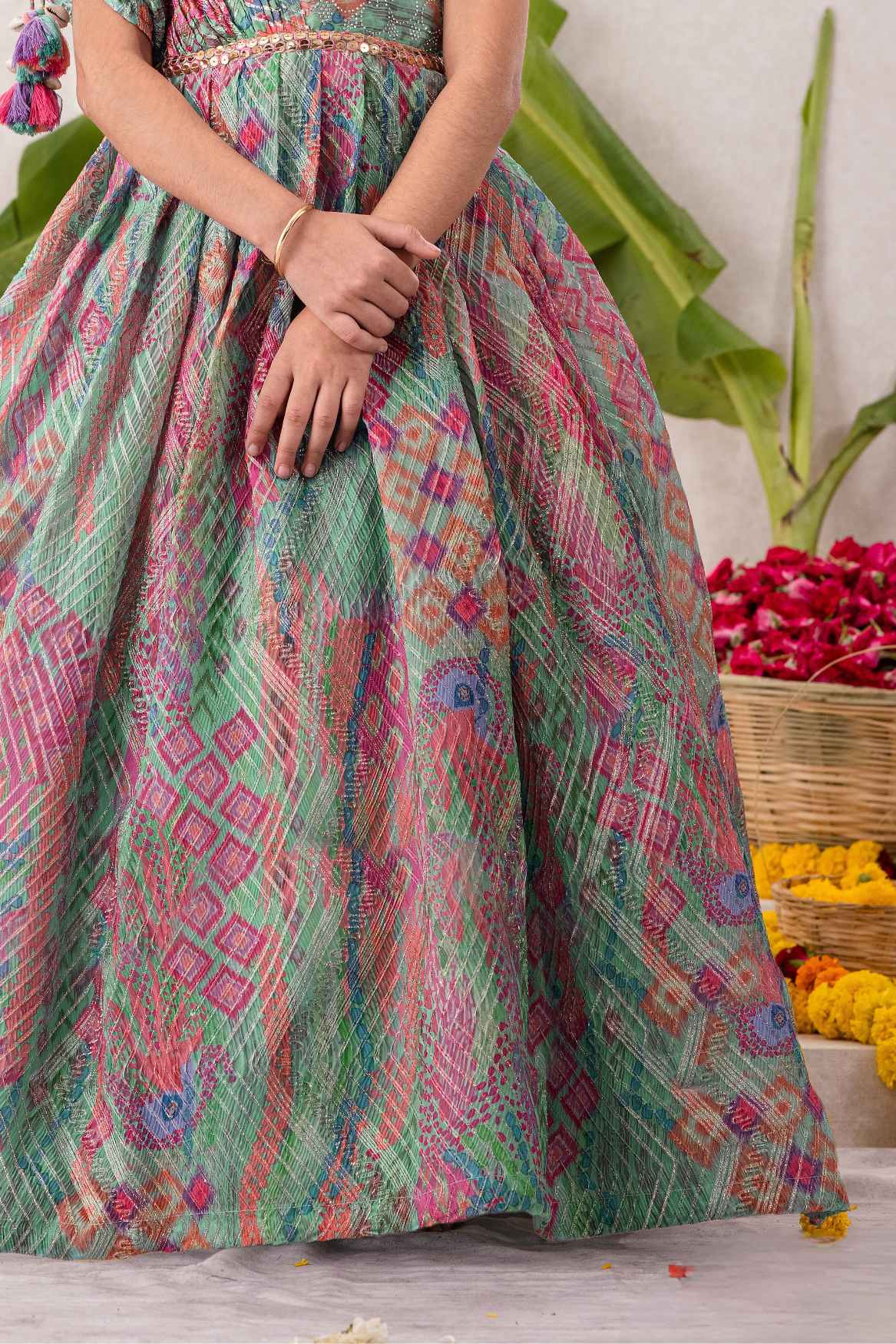 Multicolor Sequins Work And Zari Embroidered Gown With Floral Printed For Girls