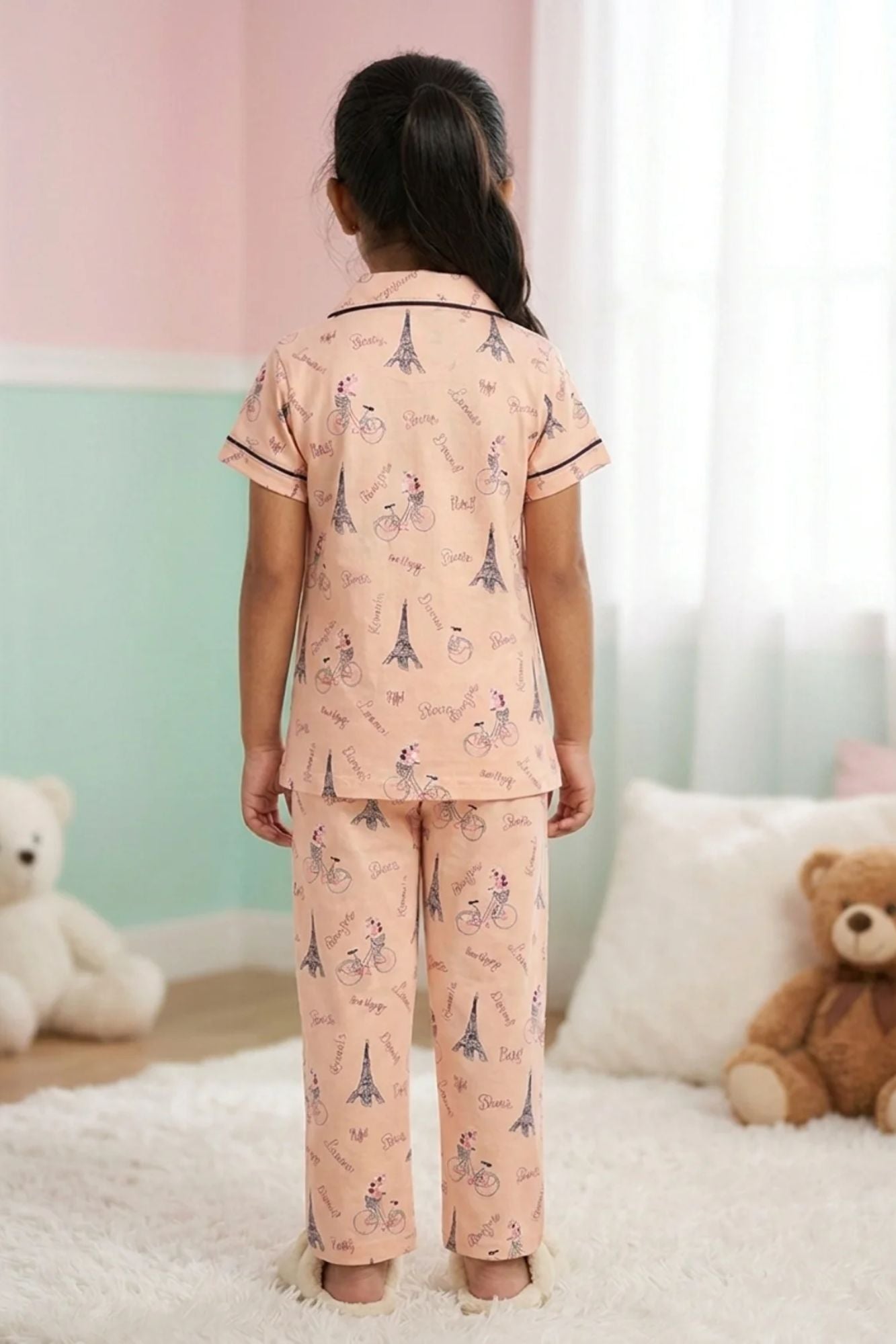 Girls Peach Paris Print  Night Suit Set