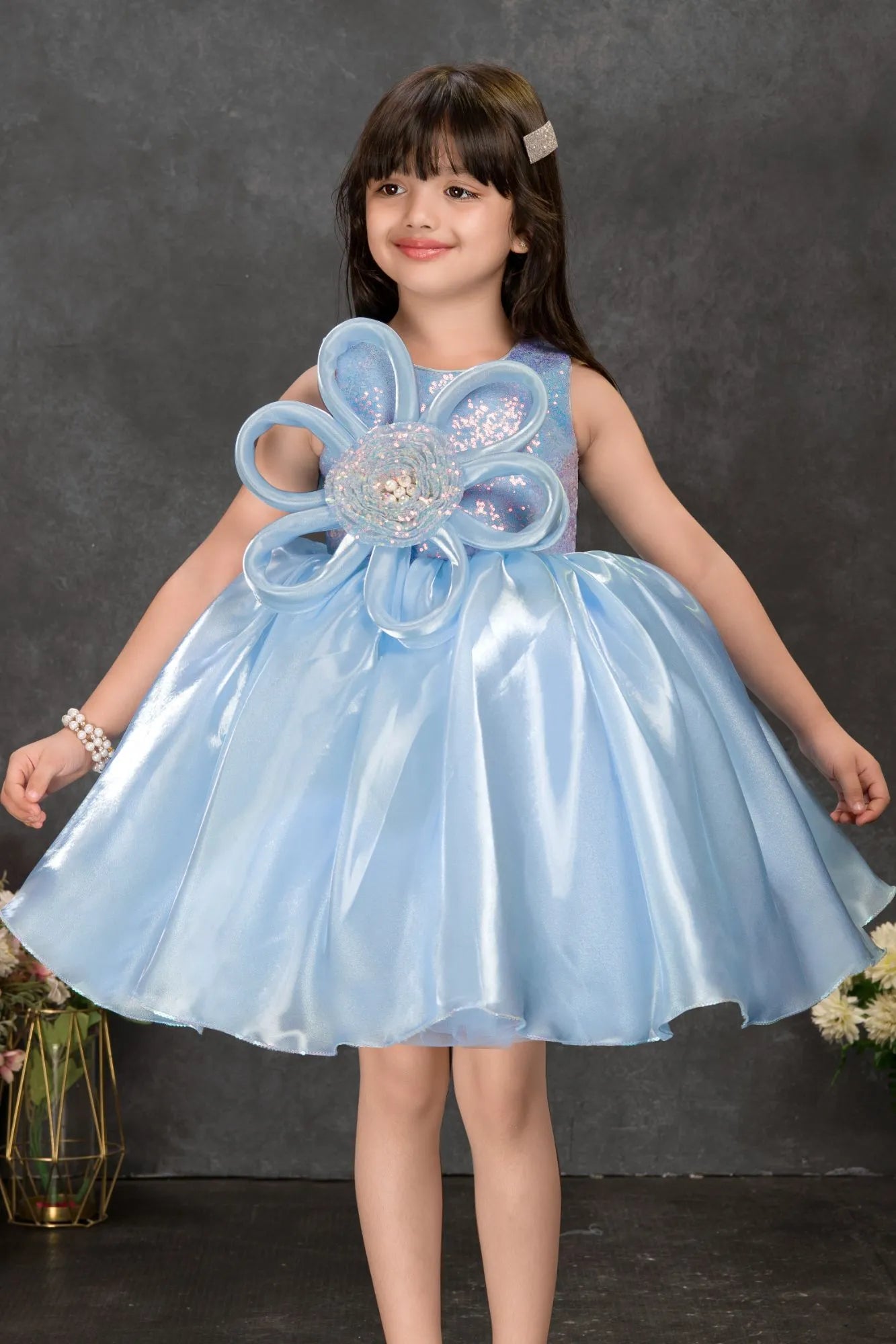 Sky Blue Floral Embellished Party Frock For Girls