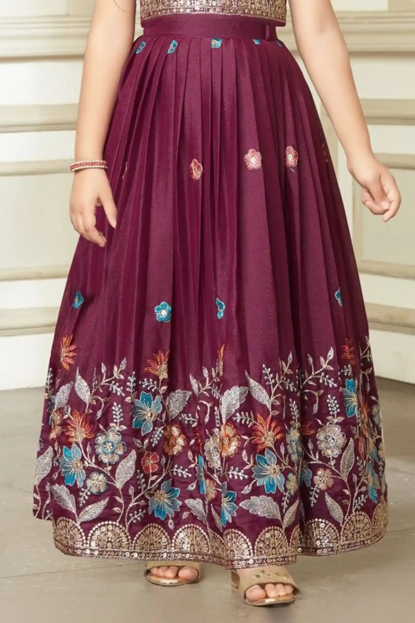 Dark Purple Floral Embroidered Ethnic Lehenga Choli for Girls
