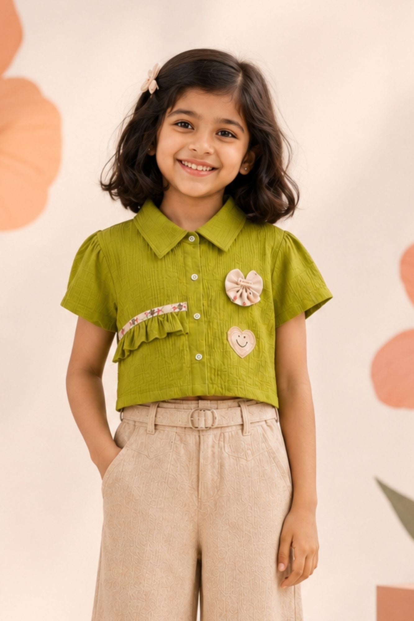 Pista Green Applique Top with Beige Wide Leg Pants Set