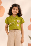 Pista Green Applique Top with Beige Wide Leg Pants Set