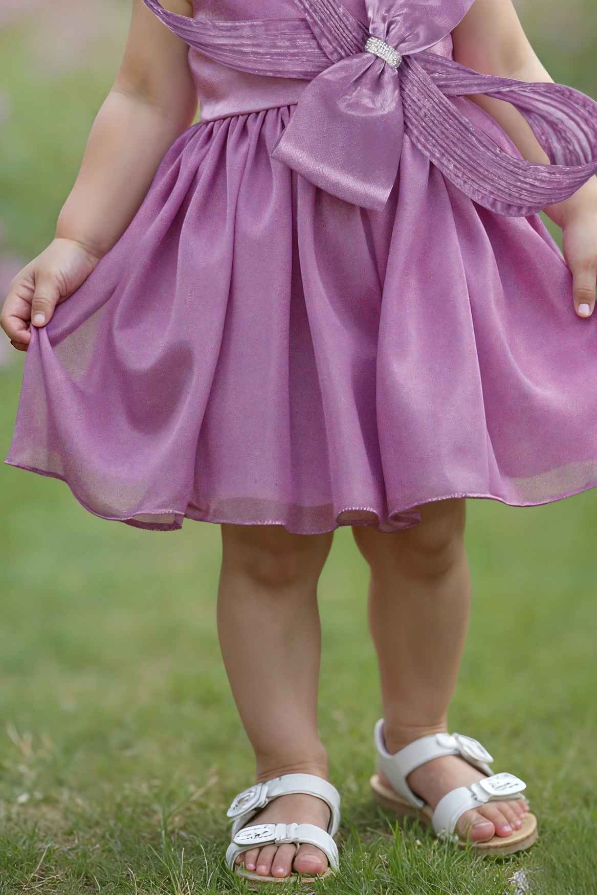 Mauve One Shoulder Bow Party Dress For Girls