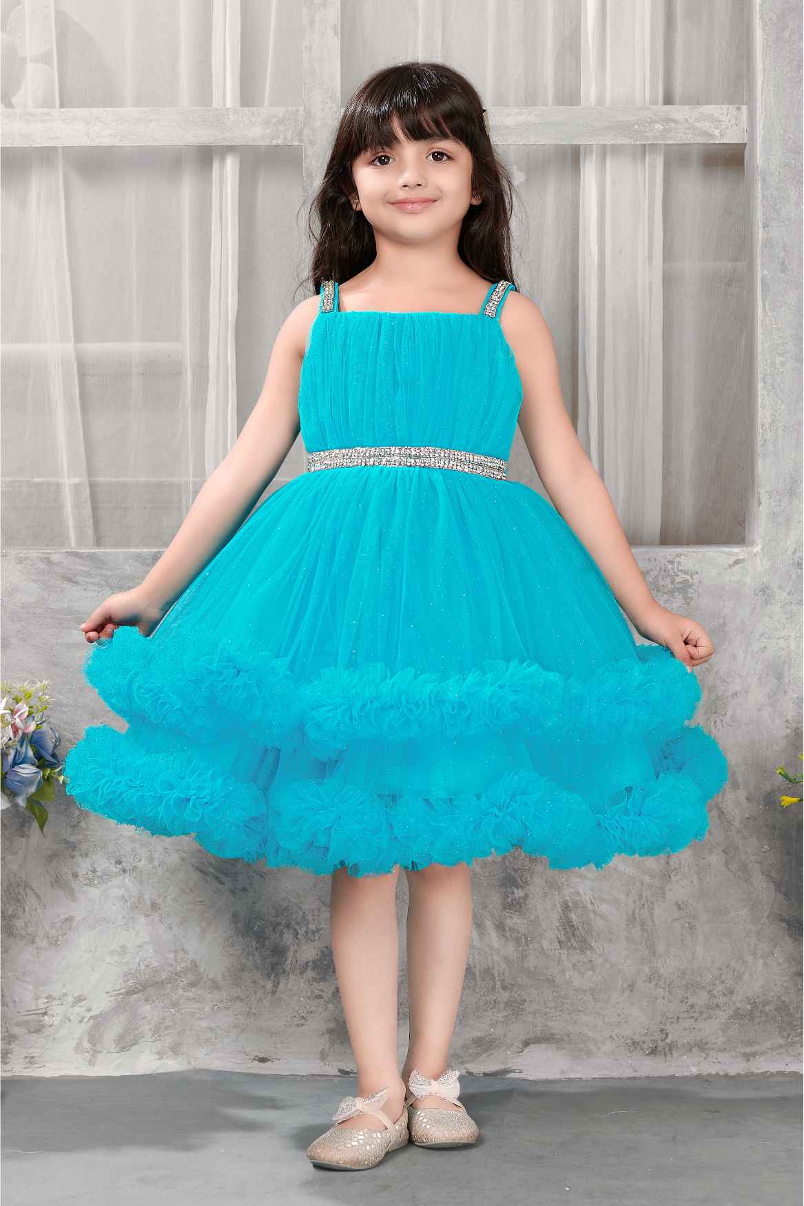 Turquoise Blue Princess Party Frock With Ruffled Layers And Sparkle Waist For Girls