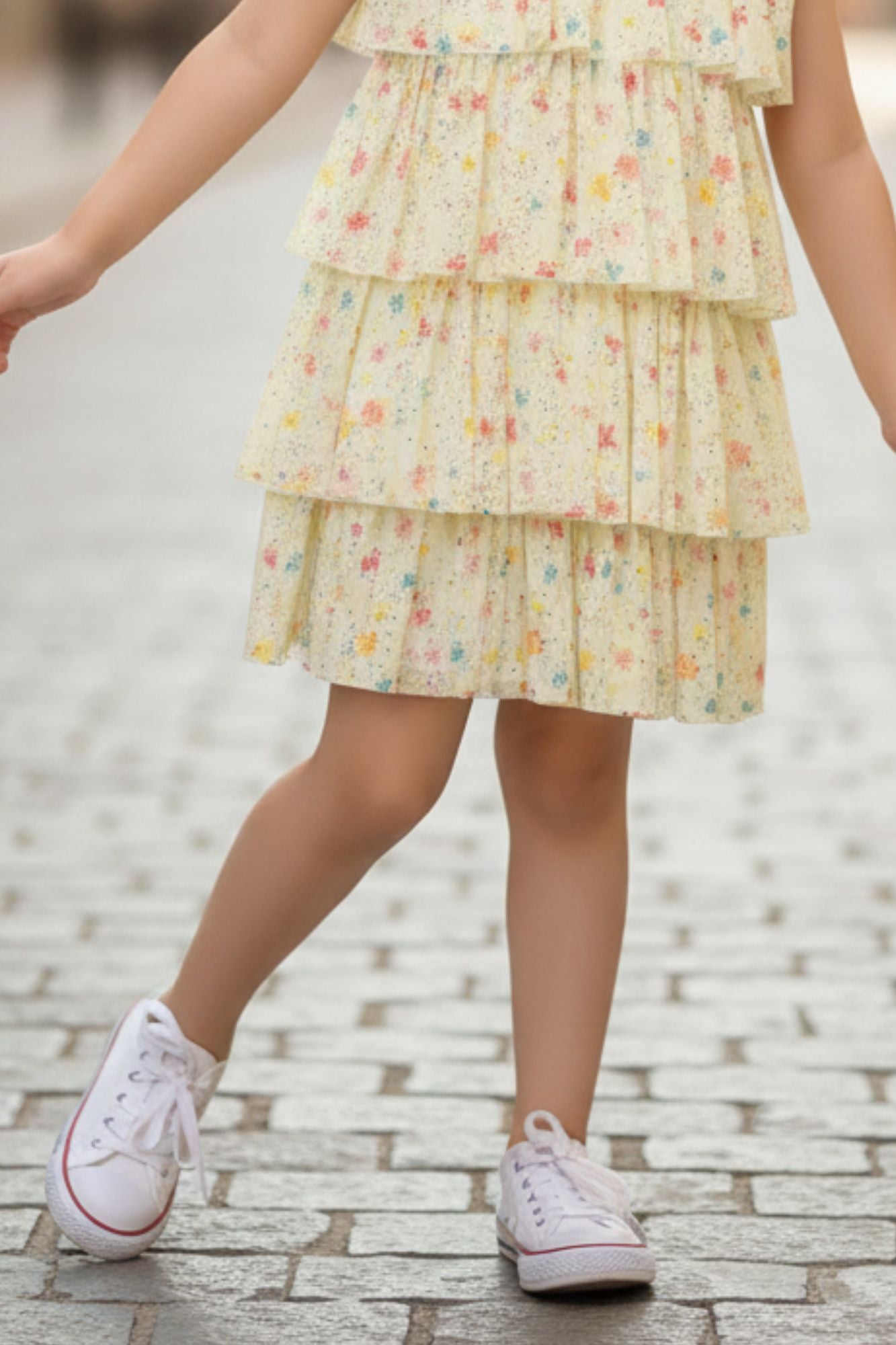 Yellow Floral Printed Multi Tiered Ruffle Dress For Girls