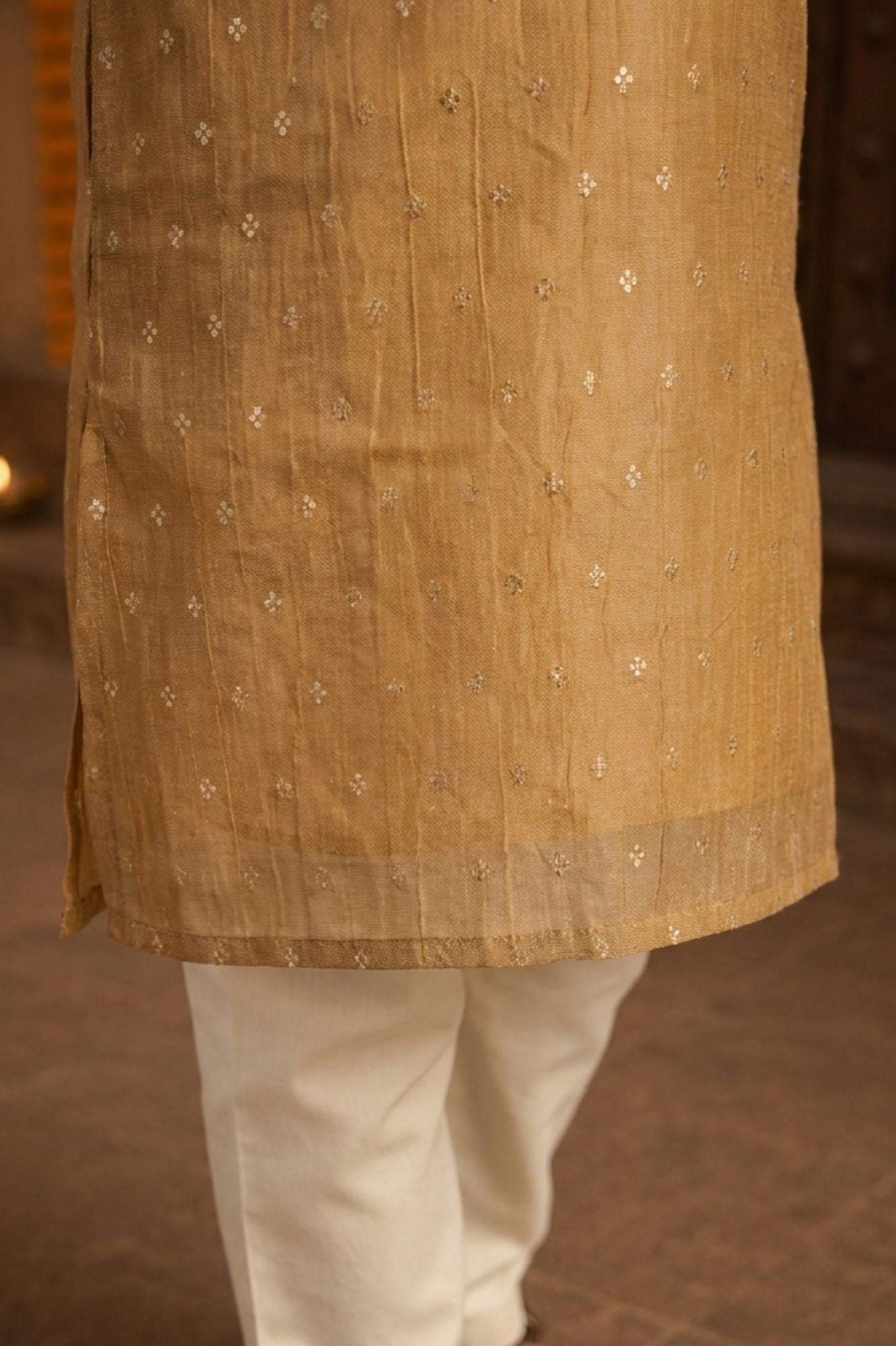 Boys Ethnic Gold Crushed Tissue Embriodered Kurta Pajama Set