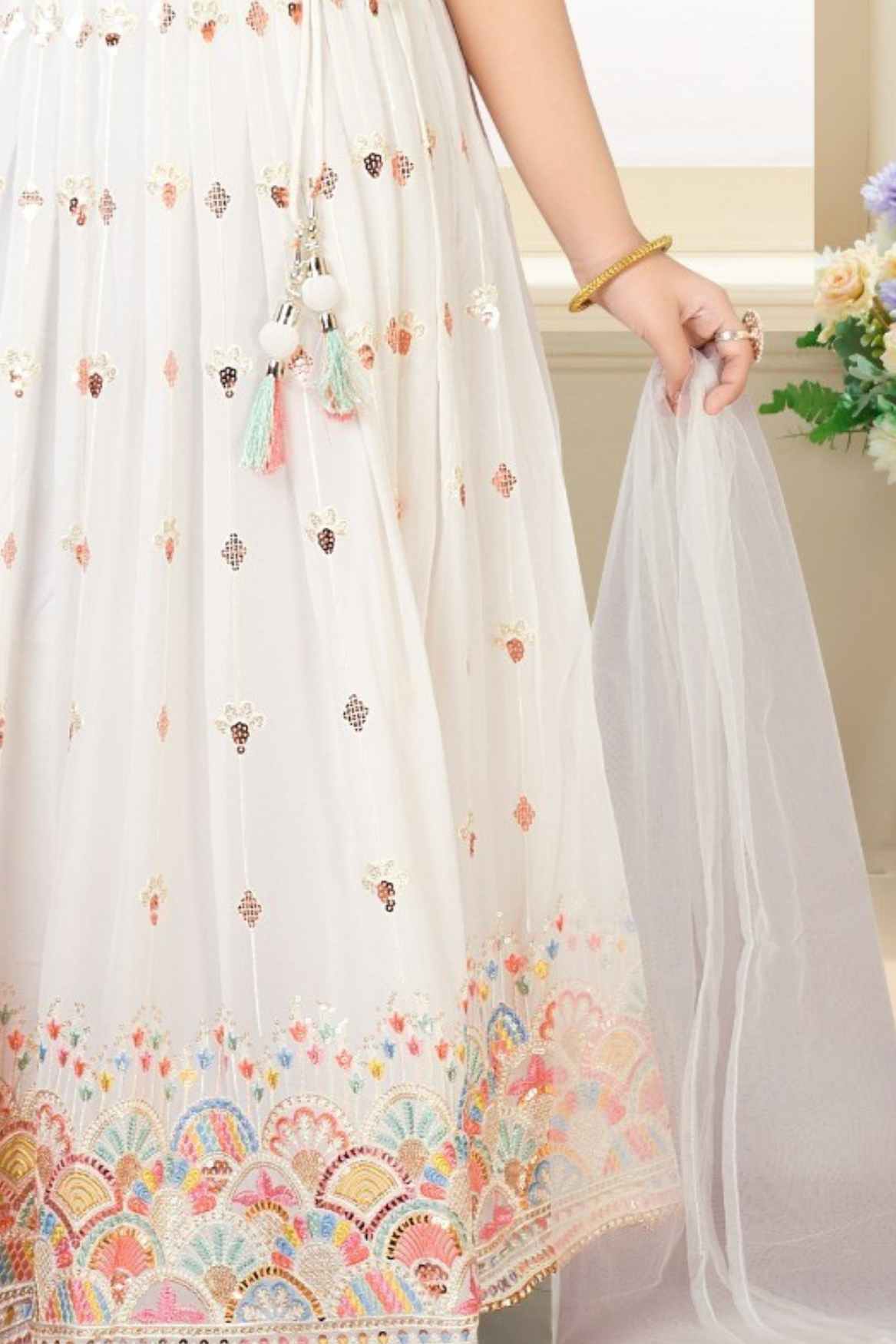 Cream Sequins Embroidered Lehenga Choli Set For Girls