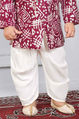 Wine Full Sleeves Bandhani Printed Kurta Set For Boys