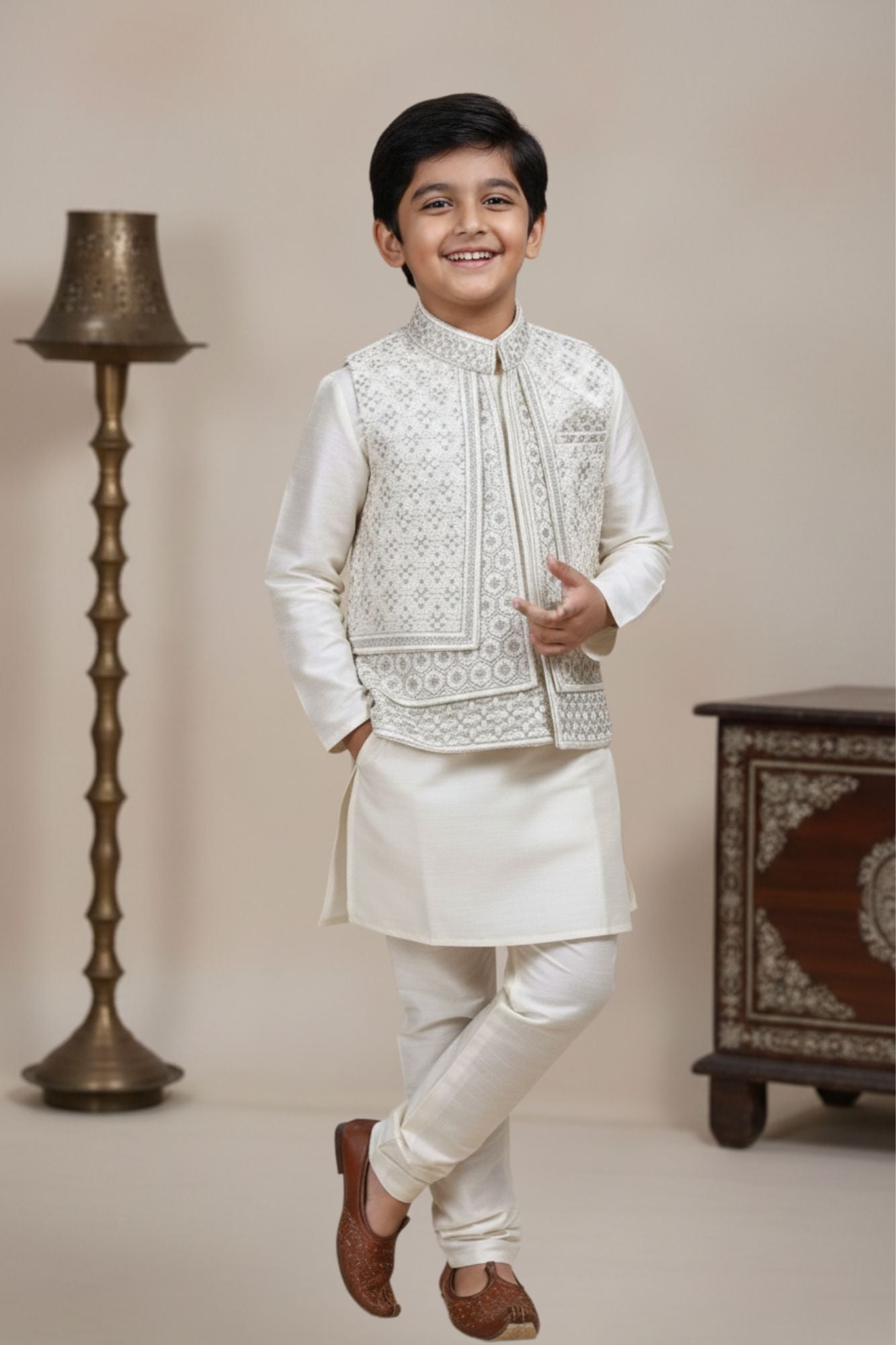 Beige Embroidered Kurta Pajama Set with Ethnic Jacket for Boys