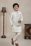 Beige Embroidered Kurta Pajama Set with Ethnic Jacket for Boys