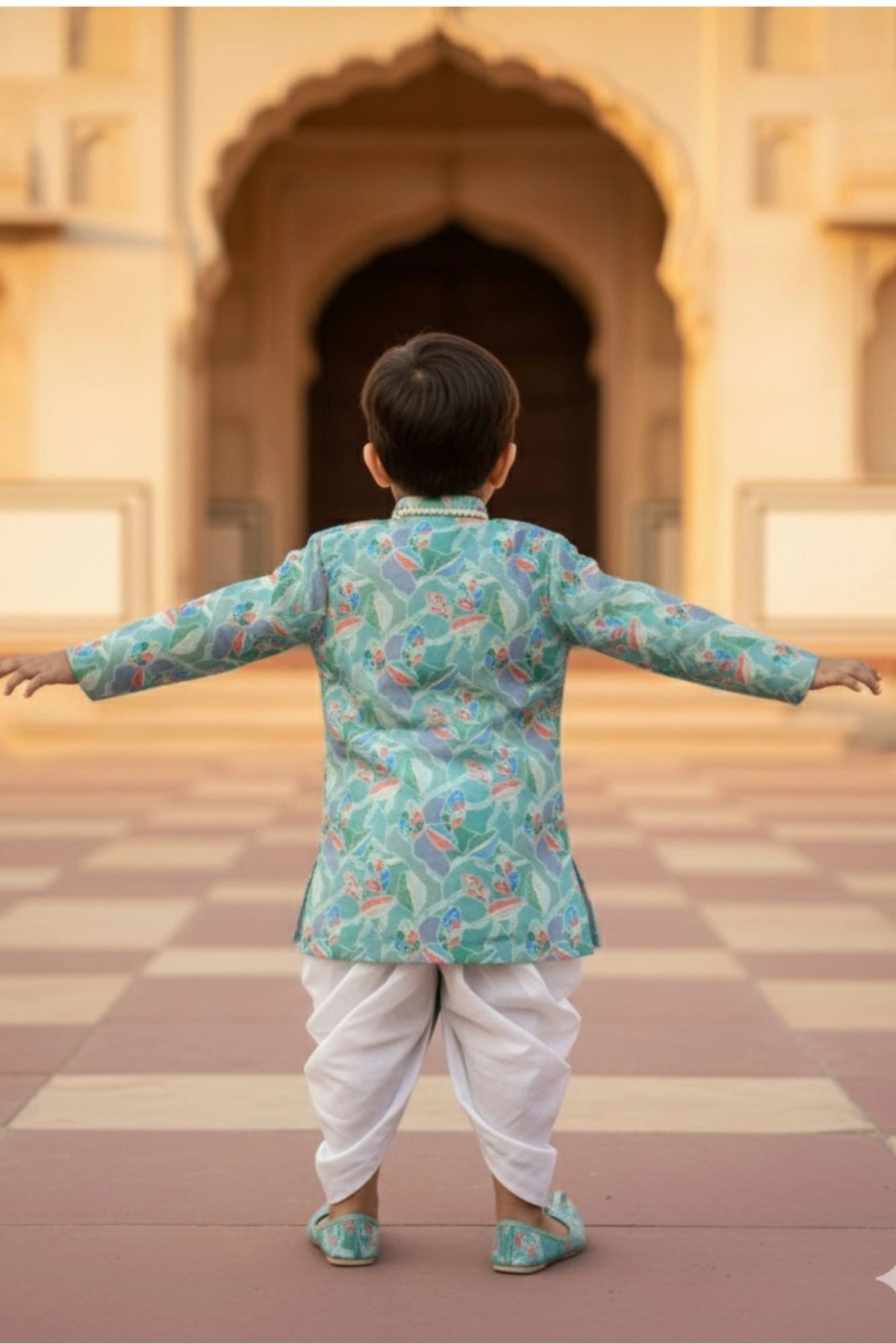 Aqua Blue With Leaf Printed Festive Dhoti Set for Boys