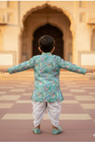 Aqua Blue With Leaf Printed Festive Dhoti Set for Boys