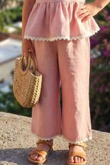 Girls Blush Pink Peplum Co-Ord Set With Floral Applique And Lace Detailing