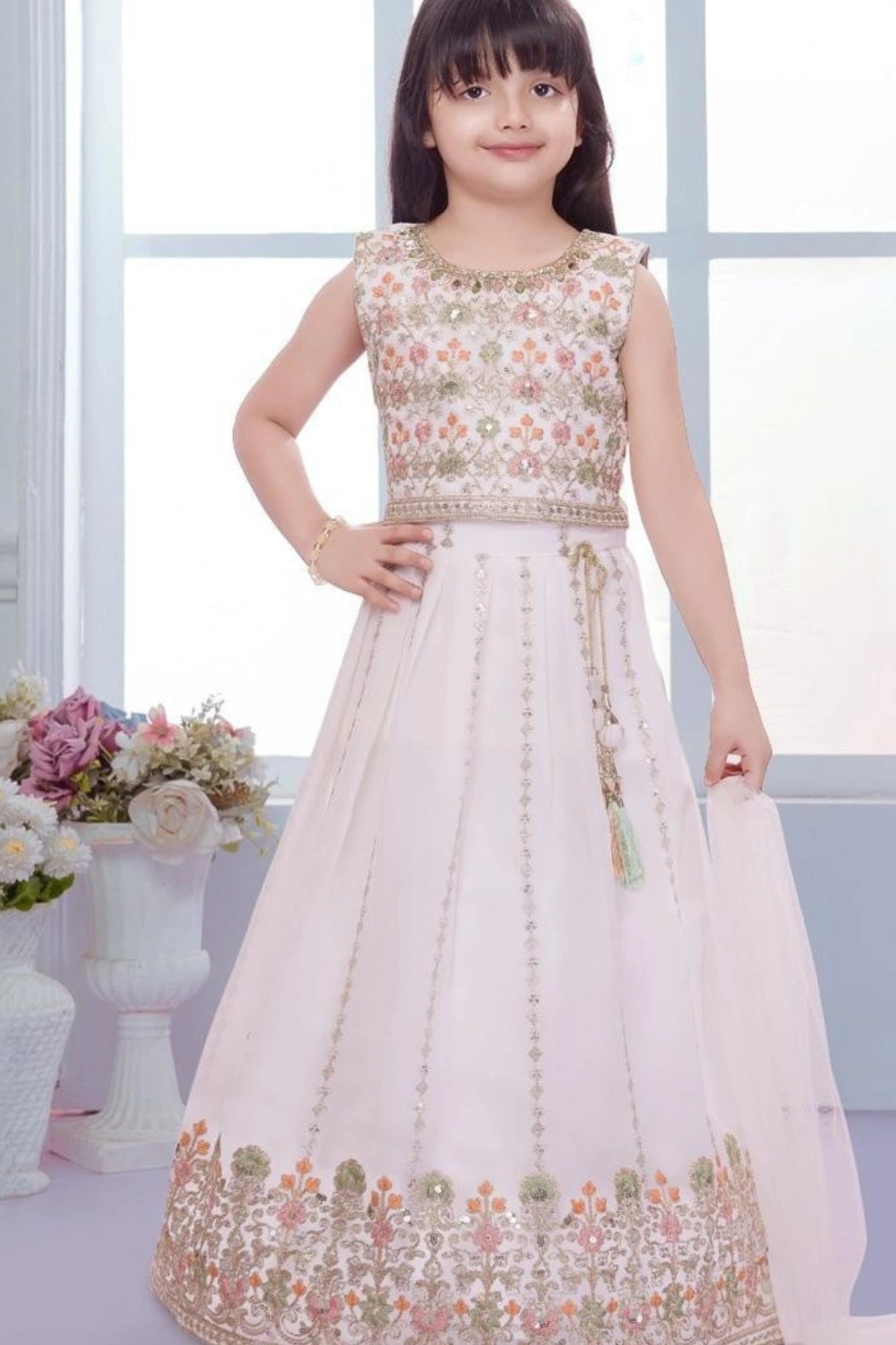 Cream Embroidered Lehenga Choli with Dupatta For Girls
