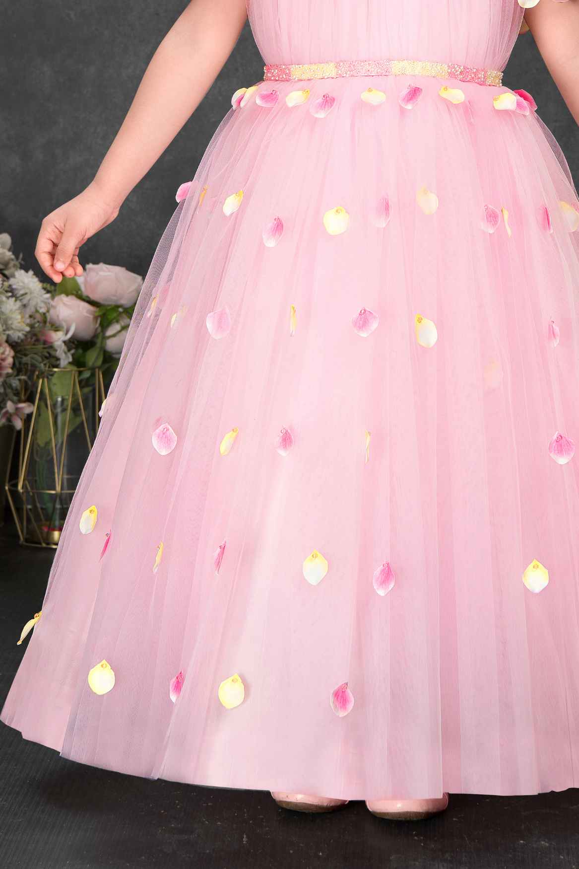 Pink Floral Petal Embellished Party Gown With Cape Overlay For Girls