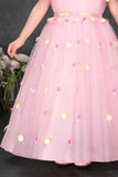 Pink Floral Petal Embellished Party Gown With Cape Overlay For Girls