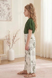 Girls Forest Green Puff Sleeve Top with Printed Palazzo Pants