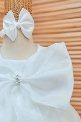 White Bow Embellished With Pearls Work Frock For Girls