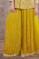 Yellow Full Sleeves And Sequin Embroidered Palazzo Set For Girls