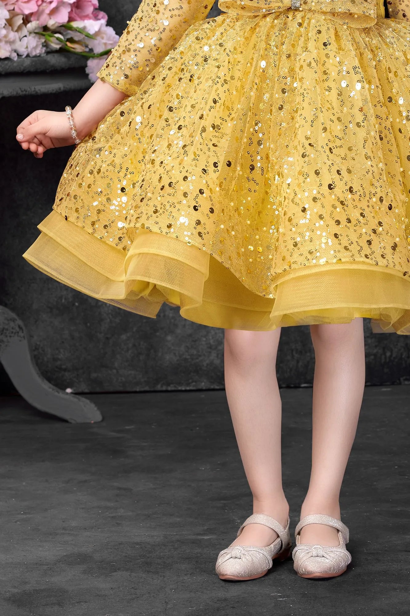 Mustard Yellow Sequins Embellished Party Wear Frock with Bow Detail For Girls
