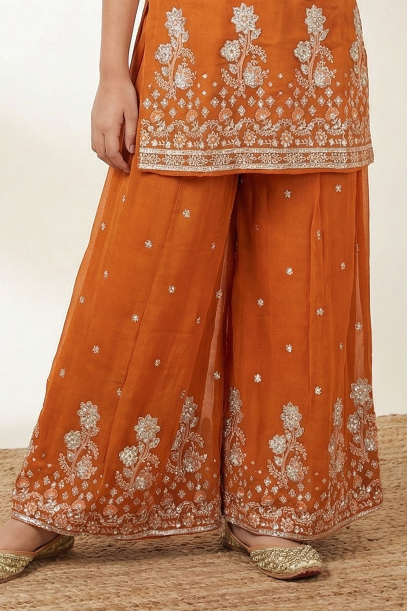 Rust Orange Embroidered Kurta with Palazzo Set for Girls
