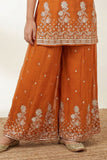 Rust Orange Embroidered Kurta with Palazzo Set for Girls