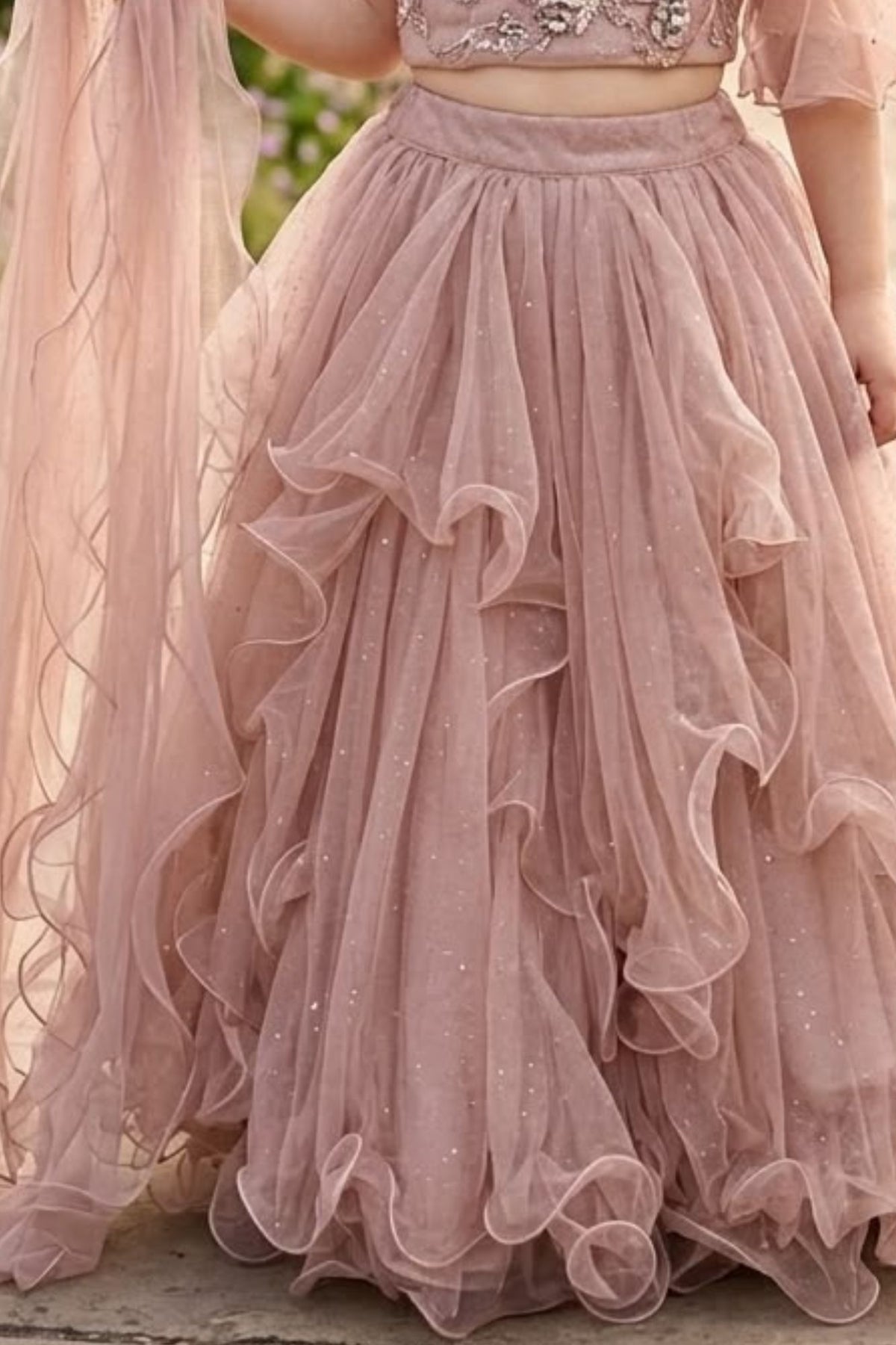 Dusty Pink Floral Ruffle Lehenga Choli for Girls