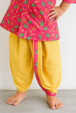 Vibrant Pink And Yellow Dhoti Kurta Set With Peacock Feather Print For Boys