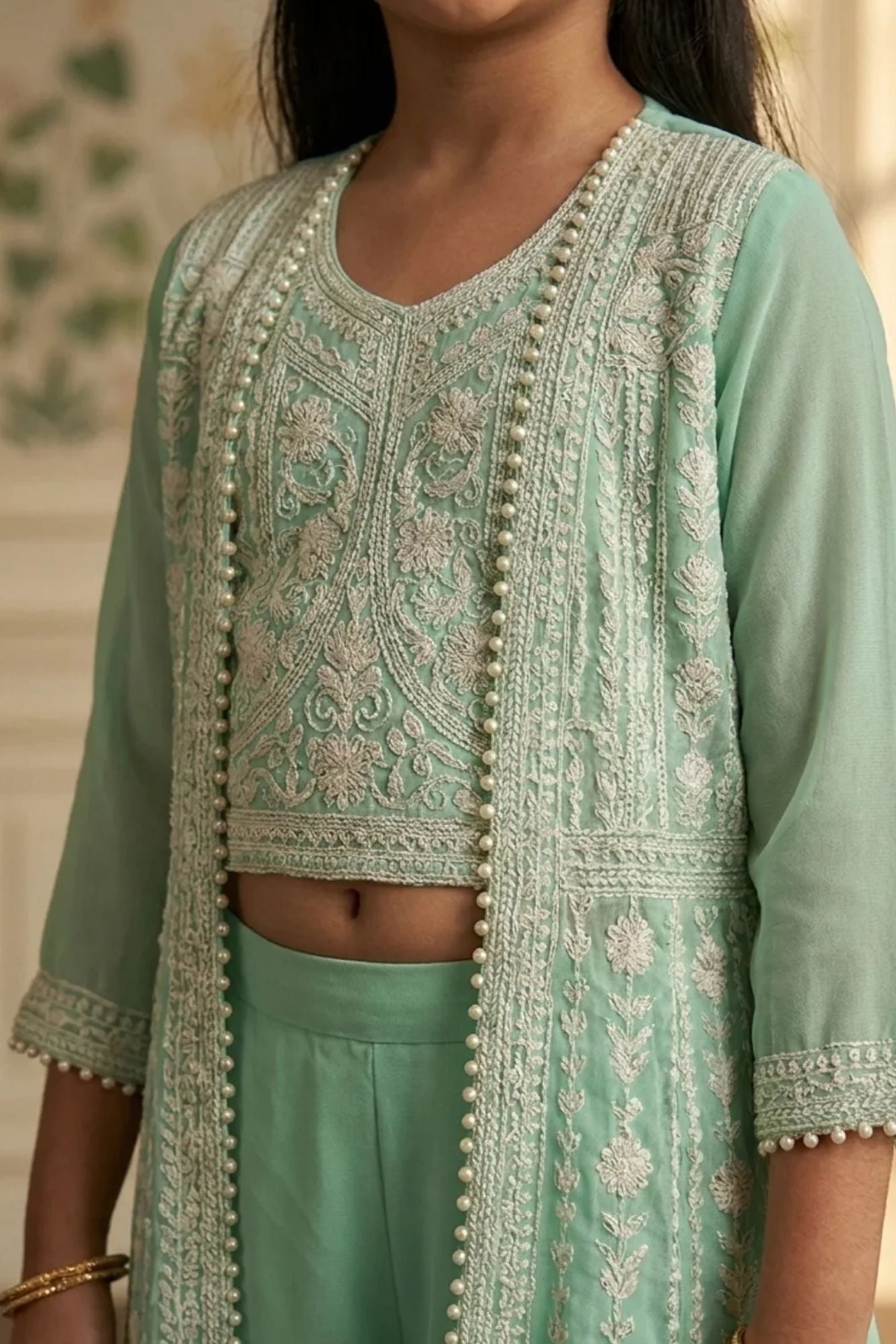 Pista Green Embroidered Palazzo Set with Jacket For Girls