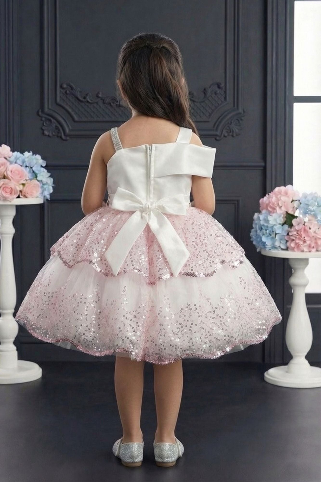Pink Sequin Layered Ruffle Party Wear Frock With Statement Bow For Girls
