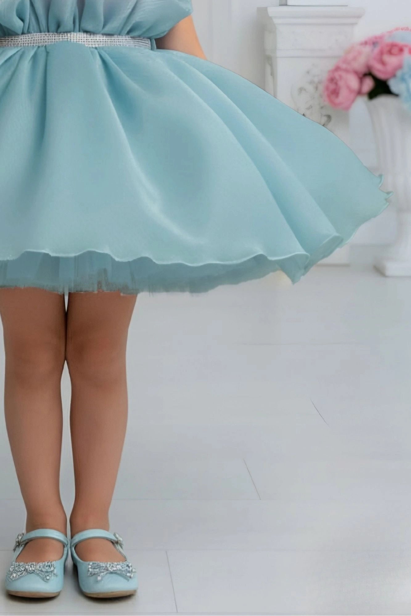 Aqua And Blush Pink Layered Party Frock For Girls