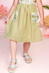 Olive Green Cotton Frock With Butterfly Print For Girls