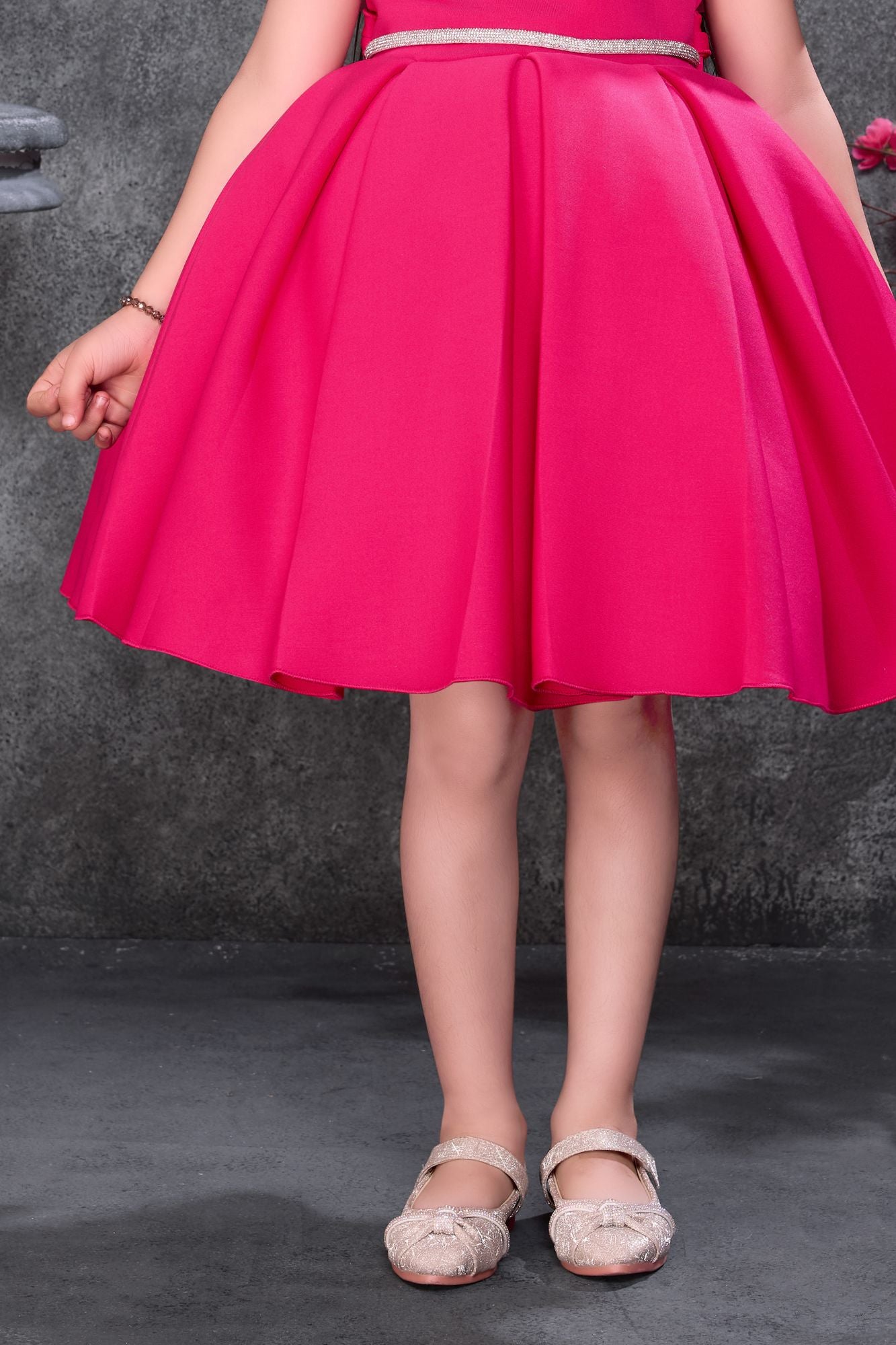 Hot Pink Off-Shoulder Bow Party Wear Frock with Matching Hat For Girls